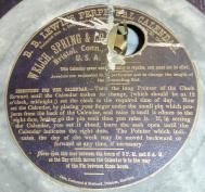 Welch, Spring & Co., Forestville, Conn., "Round Head Regulator No. 4" wall clock with a spring driven 8 day time and strike movement and a B. B. Lewis patented perpetual calendar mechanism in a rosewood veneered case.