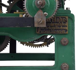 Max Han, Thurmuhrenfabrik Zickau Sachsen, Germany, tower clock, time and strike, weight driven movement with anchor escapement in a green painted cast iron frame with maker