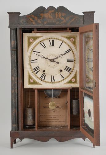 Silas Hoadley, Plymouth, Conn., 30 hour, time and strike weight wood movement transitional half column and splat shelf clock with pillar & scroll style feet.