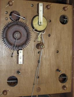 Silas Hoadley, Plymouth, Conn., 30 hour, time and strike weight wood movement transitional half column and splat shelf clock with pillar & scroll style feet.