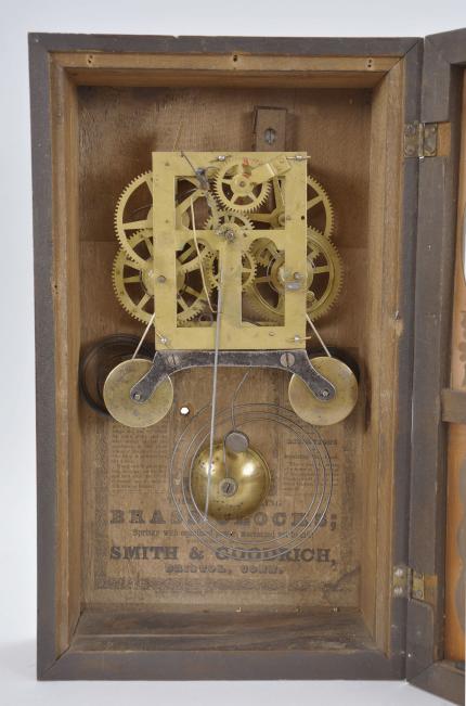 Smith & Goodrich, Bristol, Conn., box shelf clock, 30 hour, time and strike, spring driven brass movement with wooden fusees in a mahogany veneered case with painted metal dial and blued steel club hands.