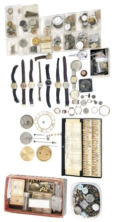 Parts- 6 (Six) boxes of clock parts including many mainsprings, dozens of keys, verges, cables & cord, fasteners, clock oil, wall hooks, gongs, many antique cast metal case parts, and more, together with a group of American and Swiss watch movements, crowns, and wrist watches.