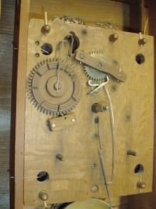 Riley Whiting, Winchester, Conn., 30 hour, time and strike weight wood movement carved carved half column & splat shelf clock.