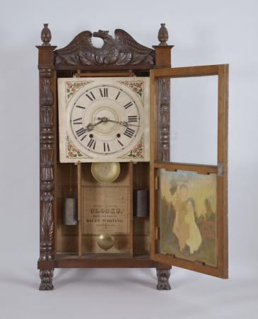 Riley Whiting, Winchester, Conn., 30 hour, time and strike weight wood movement carved carved half column & splat shelf clock.