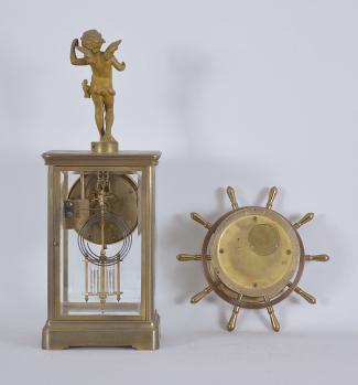 Clocks- 2 (Two): (1) Chelsea Clock Co., Boston, Mass., "Yacht Wheel" wall clock, 8 day, time and ship