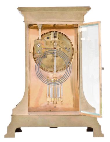 Vincenti & Cie., Paris, France, for Bailey, Banks & Biddle, Philadelphia, crystal regulator, 8 day, time and strike, spring driven brass movement in a brass case with gilt molding, curved glass sides, and signed painted ceramic front panel, concave dial with pierced center, and blued steel hands.