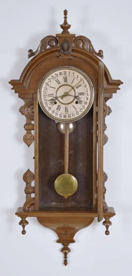 Wm. L. Gilbert Clock Co., Winsted, Conn., "Columbia", 8 day, time and strike spring driven brass movement calendar wall clock.