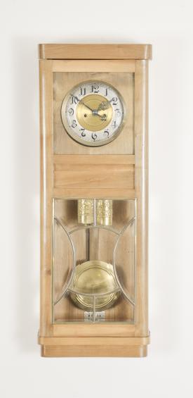 Clocks- 2 (Two): (1) Sessions Clock Co., Forestville, Conn., "Ramona", 8 day, time and strike spring driven brass movement Mission style wall clock, c1908 (2) Germany, Gustav Becker, 8 day, time and strike weight driven brass movement Art Deco style Vienna regulator, c1910