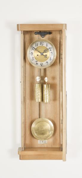 Clocks- 2 (Two): (1) Sessions Clock Co., Forestville, Conn., "Ramona", 8 day, time and strike spring driven brass movement Mission style wall clock, c1908 (2) Germany, Gustav Becker, 8 day, time and strike weight driven brass movement Art Deco style Vienna regulator, c1910