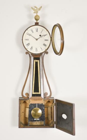 Clocks- 2 (Two): (1) Massachusetts, 8 day, weight driven brass movement patent or banjo timepiece, c1880 (2) Massachusetts, 8 day, weight driven brass movement patent or banjo timepiece, c1870