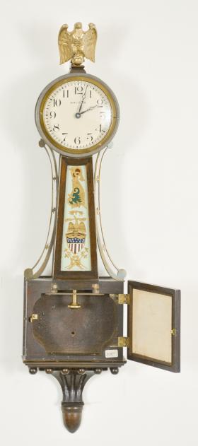 Waltham Clock Co., Waltham, Mass., "No. 1550", 8 day, spring driven brass lever movement miniature patent or banjo timepiece.