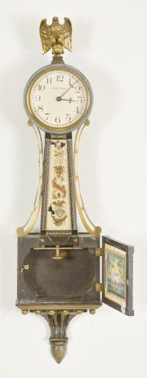 Waltham Clock Co., Waltham, Mass., 8 day, spring driven brass lever movement miniature patent or banjo timepiece.