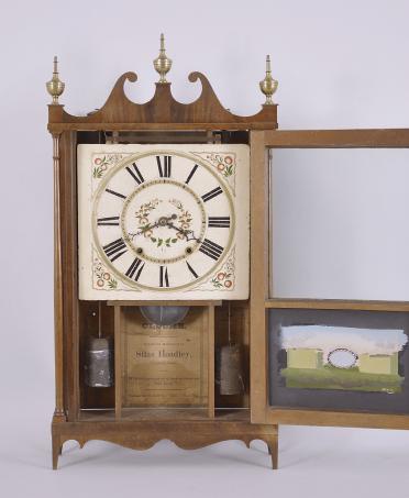 Silas Hoadley, Plymouth, Conn., 30 hour, time and strike weight wood movement pillar & scroll shelf clock.