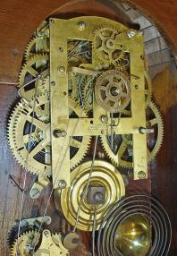 Terry Clock Co., Pittsfield, Mass., unidentified model shelf clock with a spring driven time, strike and alarm movement in a walnut case.