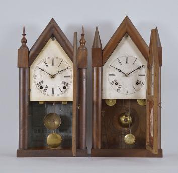 Clocks- 2 (Two): (1) E.N. Welch Mfg. Co., Forestville, Conn., 8 day, time and strike spring driven brass movement sharp gothic or steeple clock, c1870 (2) Smith & Goodrich, Bristol, Conn., 30 hour, time and strike spring driven brass fusee movement sharp gothic or steeple clock, c1850