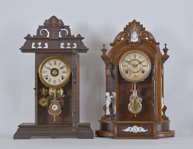 Clocks- 2 (Two): (1) E.N. Welch Manufacturing Co., Forestville, Conn., "Eclipse" shelf clock with a spring driven 8 day time, strike and alarm movement in a walnut case, c1885. (2) William L. Gilbert, Winsted, Conn., "Occidental" shelf clock with a spring driven 8 day time and strike movement in a walnut case with burl accents and mirror sides, c1891.