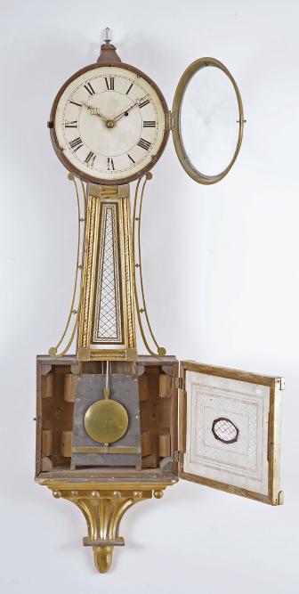 Unsigned Boston, Massachusetts, 8 day, weight driven brass movement patent or banjo timepiece