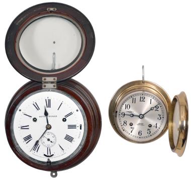 Clocks- 2 (Two) marine: (1) Chelsea Clock Co., Boston, Mass., ships clock, 8 day, time and ship