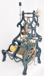 Stone & Mashall, Cazenovia, NY, "Model 1" tower clock, time only, weight driven movement with deadbeat escapement and maintaining power, scrolled cast iron frames and wheels with curved crossings, and center arbor with brass snail cam for activating a separate strike train.