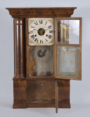 Unknown, Connecticut, 30 hour, time and strike weight driven brass movement hollow column shelf clock.