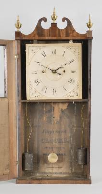 Orrin Hart, Bristol, Conn., 30 hour, time and strike weight " groaner" wood movement reeded pilaster and scroll top shelf clock.