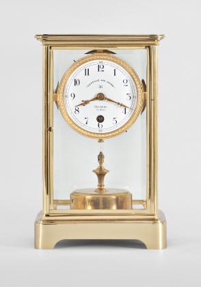 C. Grivolas and Cie, Paris, France, "Pendule 400 Jours" 400-day clock, year running, time only, spring driven movement with torsion pendulum in brass and glass crystal regulator case, arabic numeral white enamel dial, gilt hands.