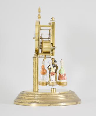 Forestville Clock Co., Germany, 400-day clock, year running, spring driven brass movement with torsion pendulum, brass base and posts holding movement, arabic numeral arcaded white enamel dial, black steel spade hands, and pendulum with ceramic dancing figures, all under a glass dome. 










