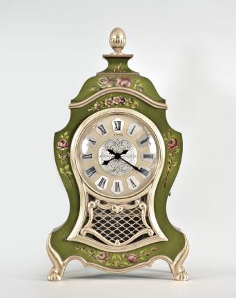 Jaeger-LeCoultre, Switzerland, "Atmos Neuchateloise" clock, caliber 528 jeweled movement, gilt torsion pendulum in a Neuchateloise green painted case with painted floral designs, brass dial with applied roman cartouche numerals, and black metal hands.