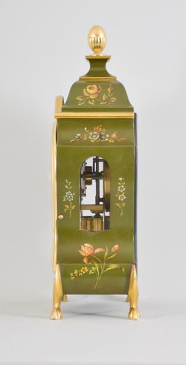 Jaeger-LeCoultre, Switzerland, "Atmos Neuchateloise" clock, caliber 528 jeweled movement, gilt torsion pendulum in a Neuchateloise green painted case with painted floral designs, brass dial with applied roman cartouche numerals, and black metal hands.