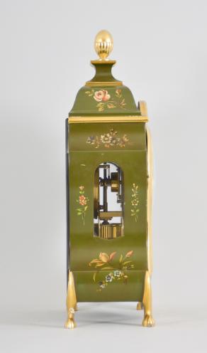 Jaeger-LeCoultre, Switzerland, "Atmos Neuchateloise" clock, caliber 528 jeweled movement, gilt torsion pendulum in a Neuchateloise green painted case with painted floral designs, brass dial with applied roman cartouche numerals, and black metal hands.