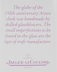 Jaeger-LeCoutre, Switzerland, "Atmos 150th Anniversary" mantel clock, 14 jewel, caliber 540 movement with torsion pendulum in a gilt case and base with glass dome, roman numeral white painted dial, and black painted hands.