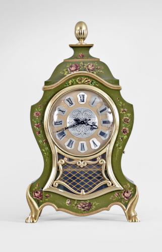 Jaeger-LeCoultre, Switzerland, "Atmos Neuchateloise" clock, caliber 528 jeweled movement, gilt torsion pendulum in a Neuchateloise green painted case with painted floral designs, brass dial with applied roman cartouche numerals, and black metal hands.