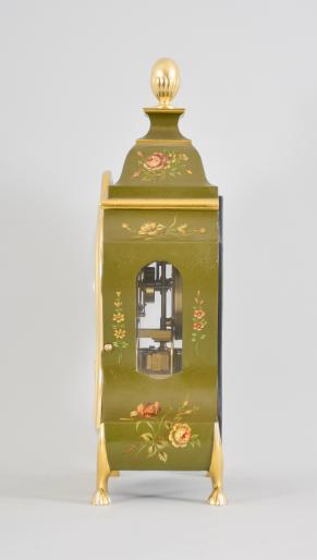 Jaeger-LeCoultre, Switzerland, "Atmos Neuchateloise" clock, caliber 528 jeweled movement, gilt torsion pendulum in a Neuchateloise green painted case with painted floral designs, brass dial with applied roman cartouche numerals, and black metal hands.