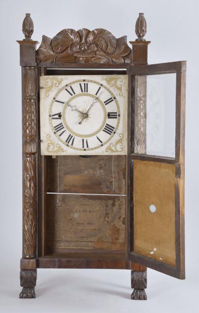 Rodney Brace, North Bridgewater, Mass., 30 hour, time and strike weight wood movement carved column & splat shelf clock.