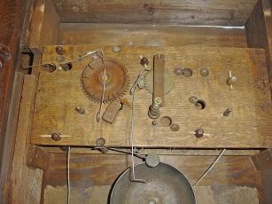 Rodney Brace, North Bridgewater, Mass., 30 hour, time and strike weight wood movement carved column & splat shelf clock.