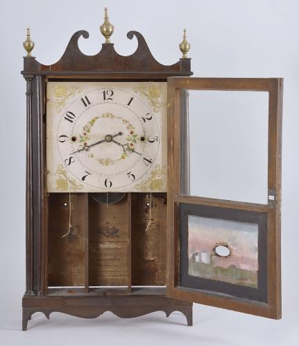 Norris North, Torrington, Conn., 30 hour, time and strike weight wood movement pillar & scroll shelf clock.