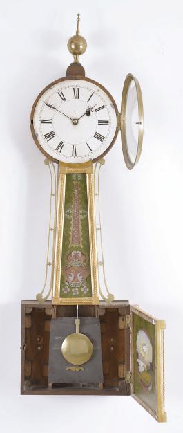 Samuel Abbott, Boston, Mass.8 day, weight driven brass movement patent or banjo timepiece.