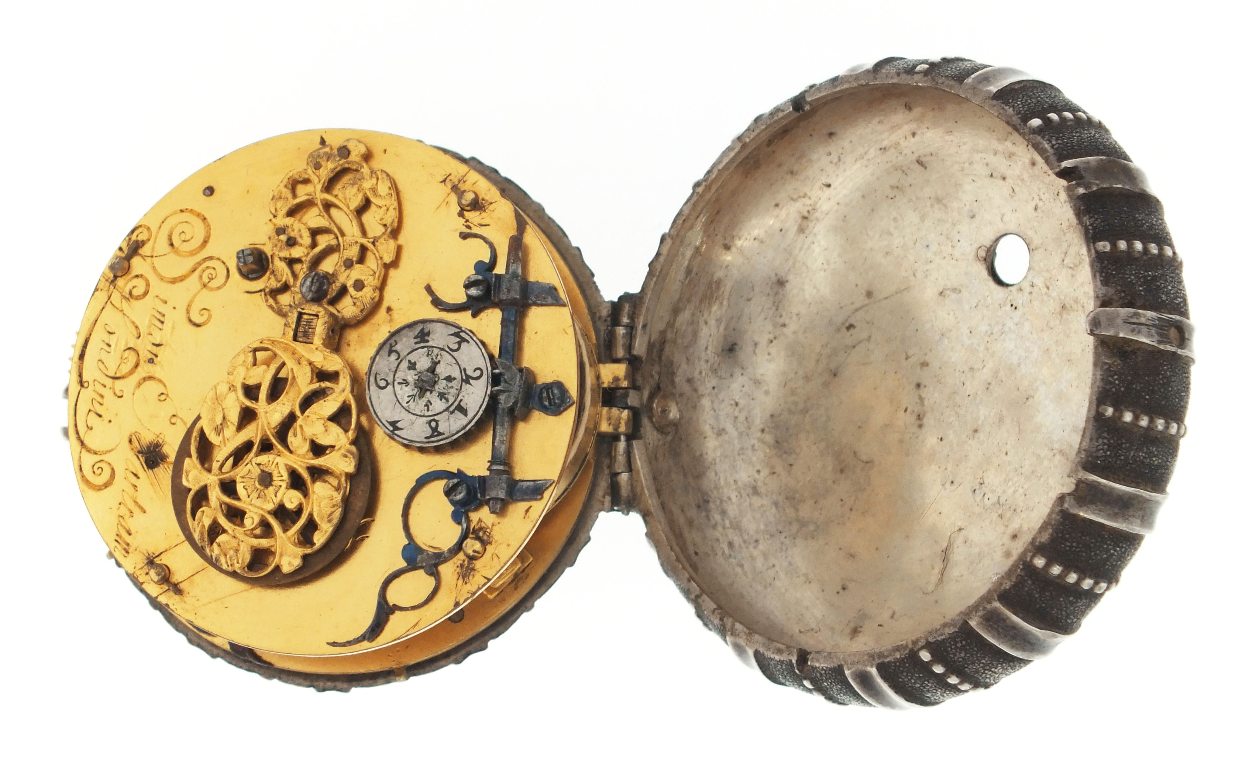 A rare mid 17th century silver verge pocket watch with date by Simon ...