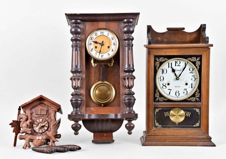 SIX CLOCKS INCLUDING THREE REPRODUCTION SWINGING ARM | Barnebys