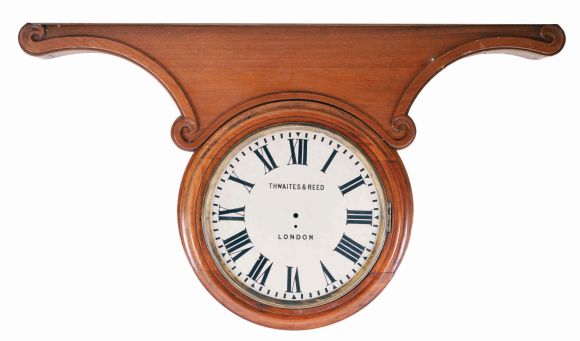 Thwaites and Reed hanging gallery clock, 8 day, time only, spring driven fusee movement in a mahogany case with painted metal dial