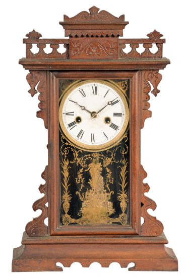 Clocks- 2 (Two) American: (1) wall clock with Waterbury Clock Co. No. 22, time only, double weight driven movement in associated period mahogany case; (2) E. N. Welch Mfg. Co., Forestville, Conn., "Violet", 30 hour, time and strike, spring brass movement shelf clock