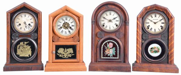 Clocks- 4 (Four): (1) E. Ingraham & Co., Bristol, Conn., "Doric" shelf clock with a spring driven 30 hour time and strike movement in a rosewood veneered case, c1880; (2) E. Ingraham & Co., Bristol, Conn., "Octagon Doric Mosaic" shelf clock with a spring driven, 8 day, time and strike movement in a mahogany veneered case, c1880. (3) E. N. Welch Mfg. Co., Forestville, Conn., unidentified model shelf clock with a spring driven 30 hour time, strike and alarm movement in an oak case, c1860. (4) Noah Pomeroy, Bristol, Conn., unidentified model shelf clock with a spring driven, 8 day, time and strike movement in a rosewood veneered case, c1870.