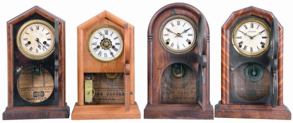 Clocks- 4 (Four): (1) E. Ingraham & Co., Bristol, Conn., "Doric" shelf clock with a spring driven 30 hour time and strike movement in a rosewood veneered case, c1880; (2) E. Ingraham & Co., Bristol, Conn., "Octagon Doric Mosaic" shelf clock with a spring driven, 8 day, time and strike movement in a mahogany veneered case, c1880. (3) E. N. Welch Mfg. Co., Forestville, Conn., unidentified model shelf clock with a spring driven 30 hour time, strike and alarm movement in an oak case, c1860. (4) Noah Pomeroy, Bristol, Conn., unidentified model shelf clock with a spring driven, 8 day, time and strike movement in a rosewood veneered case, c1870.