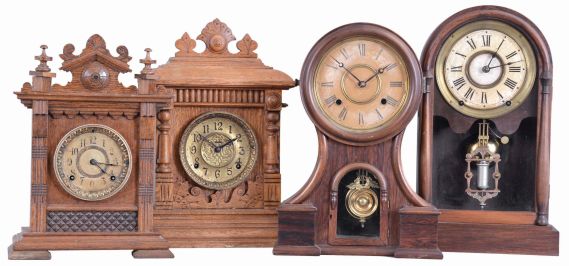 Clocks- 4 (Four): (1) Ansonia Clock Co., New York, "Salem" cabinet shelf clock with a spring driven, 8 day, time and strike movement in a solid oak case, c1894; (2) E. Ingraham & Co. unidentified model cabinet shelf clock with a spring driven, 8 day, time and strike movement in a solid oak case, c1893. (3) E, Ingraham & Co., Bristol, Conn., "Huron" shelf clock with a spring driven, 8 day, time and strike movement in a rosewood veneered case, c1880. (4) Unidentified shelf clock with an Seth Thomas spring driven, 8 day, time and strike movement in a rosewood veneered case, c1885.