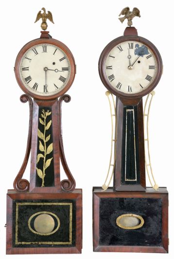 Clocks- 2 (Two): (1) Massachusetts, North Attleboro-style, 8 day, weight brass movement Patent or banjo timepiece; (2) Massachusetts, North Attleboro-style, 8 day, weight brass movement Patent or banjo timepiece. Based on the door latches these could both be timepieces made by Horace Tifft.