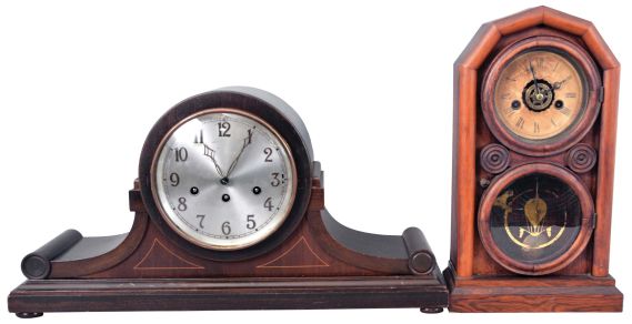 Clocks- 4 (Four) Mantel: (1) Junghans, Germany, 8 day spring driven, three train chiming mantel clock; (2) Ansonia Clock Co., NY, 8 day spring driven, time & strike clock in a black iron case; (3) Ingraham, Briston, Conn., "Doric", 30 hour spring driven, time & strike with alarm; (4) France, 8 day spring driven, time only mantel clock in a black marble case.