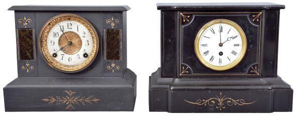 Clocks- 4 (Four) Mantel: (1) Junghans, Germany, 8 day spring driven, three train chiming mantel clock; (2) Ansonia Clock Co., NY, 8 day spring driven, time & strike clock in a black iron case; (3) Ingraham, Briston, Conn., "Doric", 30 hour spring driven, time & strike with alarm; (4) France, 8 day spring driven, time only mantel clock in a black marble case.