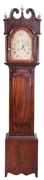 New York stye tall case clock, 8 day, time and bell strike, weight driven movement in a mahogany veneer case with broken arch top, shaped trunk door and scalloped skirt and foot. The painted wooden dial has a seconds bit.