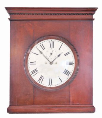 Clocks- 2 (Two) Electromechanical Wall: (1) Sempire Clock Company, St. Louis with F. L. Gregory patented electromechanical movement in a red mahogany case with a 12 inch painted metal dial; (2) Rempe Manufacturing Co., Danville, PA, self-winding battery wall timepiece in an oak case, c1904.