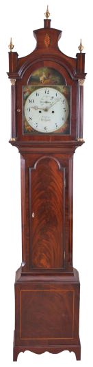 [Thomas] Vurleyl, Wisbeack, England, tall case clock, 8 day, time and bell strike, weight driven movement, c. 1840, in a c. 1780 string inlaid mahogany case with pagoda top, brass finials, crotch mahogany trunk door, fluted columns flanking hood.